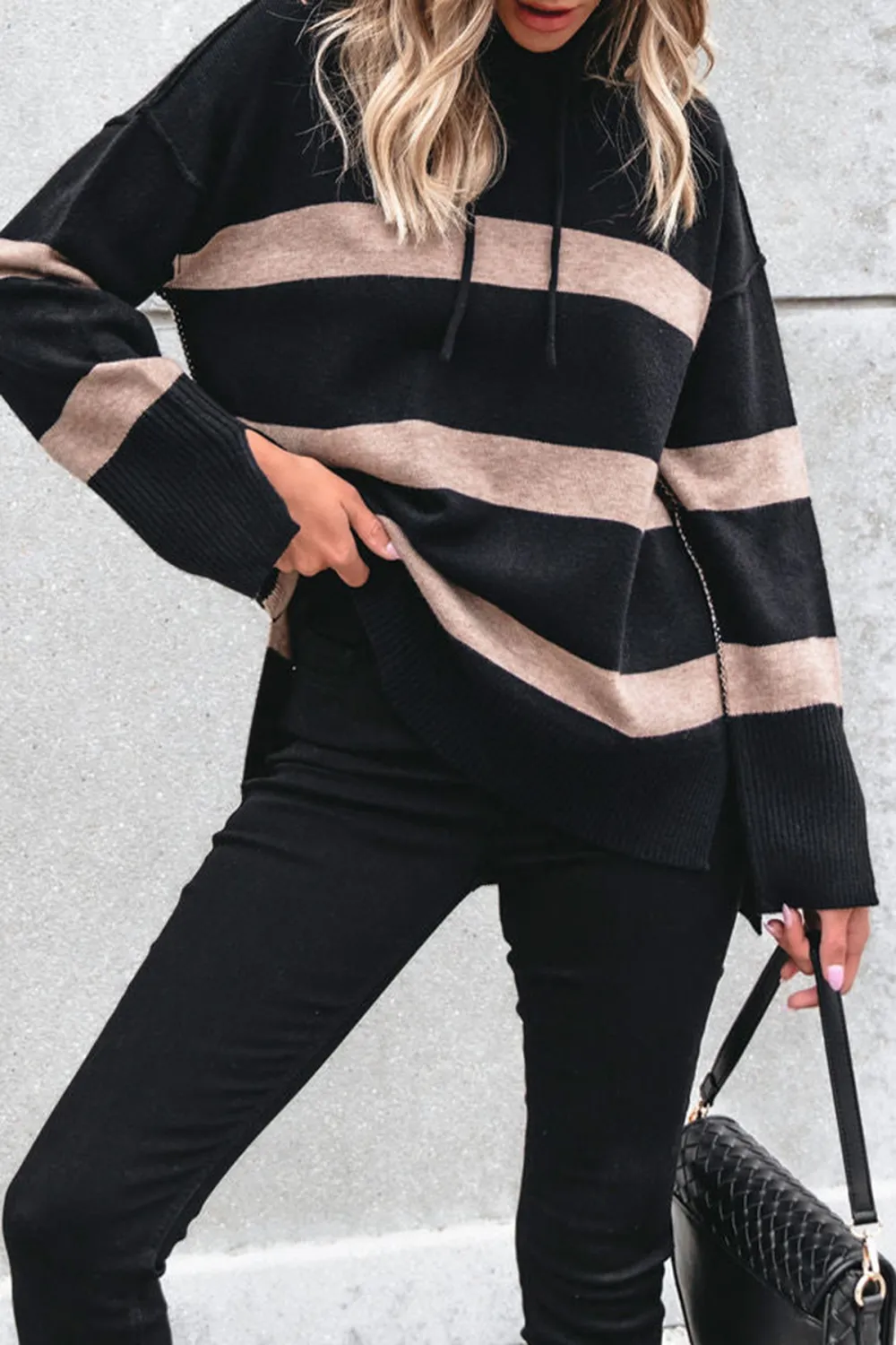 Black and Taupe Striped Hooded Sweater