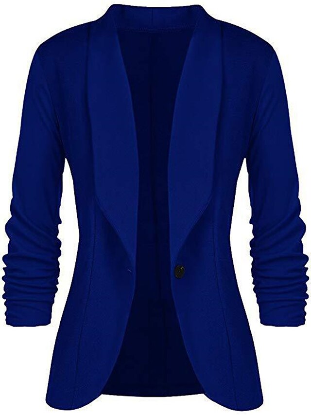 Women's Blazer Formal Office Jacket Open Front Button Plain Windproof Streetwear Pink Regular Fit Outerwear Long Sleeve Spring Navy S