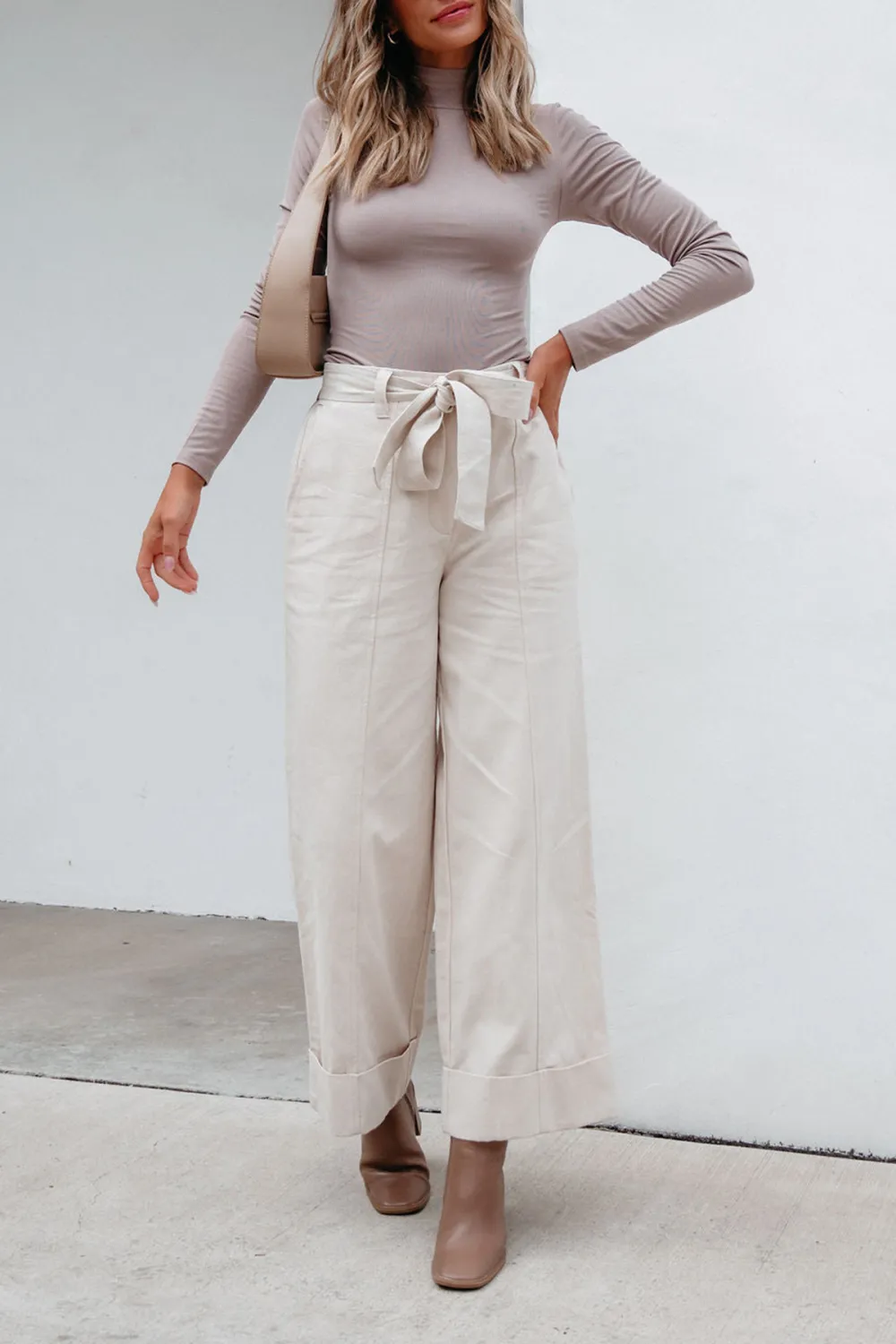 Belted Wide Leg Cuffed Pants - Natural