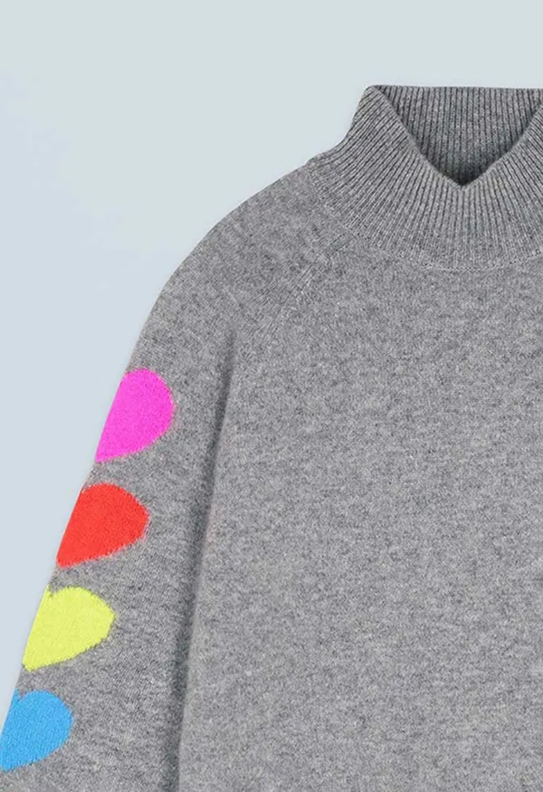 Grey High-Neck Casual Sweater With A Heart Pattern