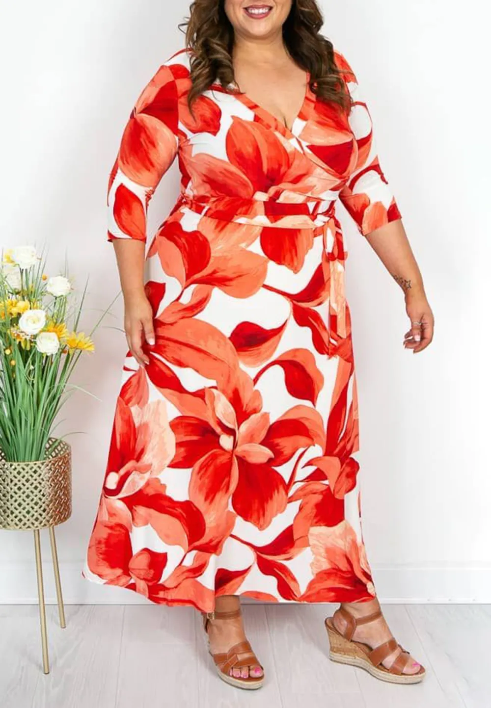 Red and Orange Floral Maxi Dress