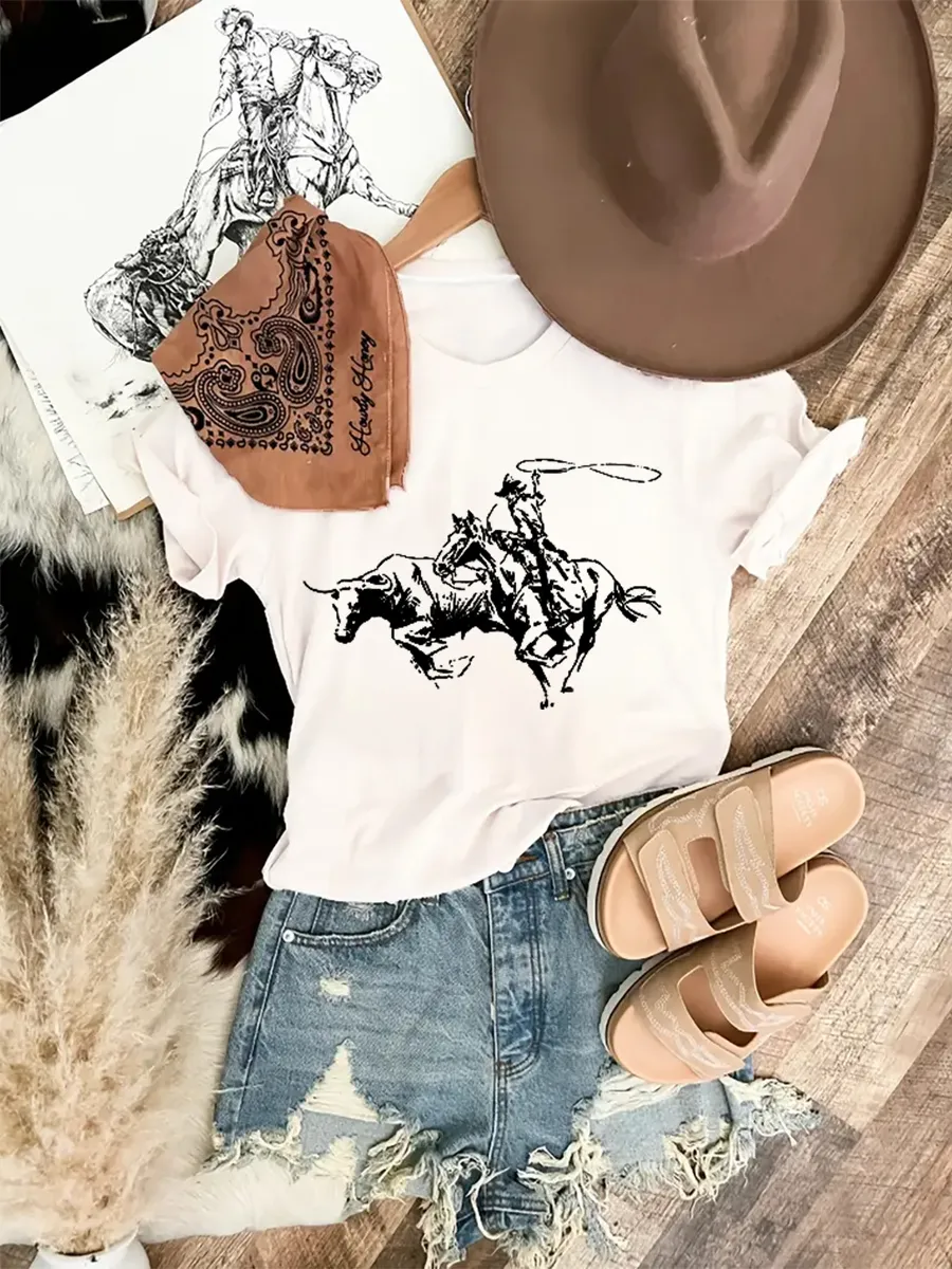 Wild West Cowboy Knight Pattern Round Neck T-shirt