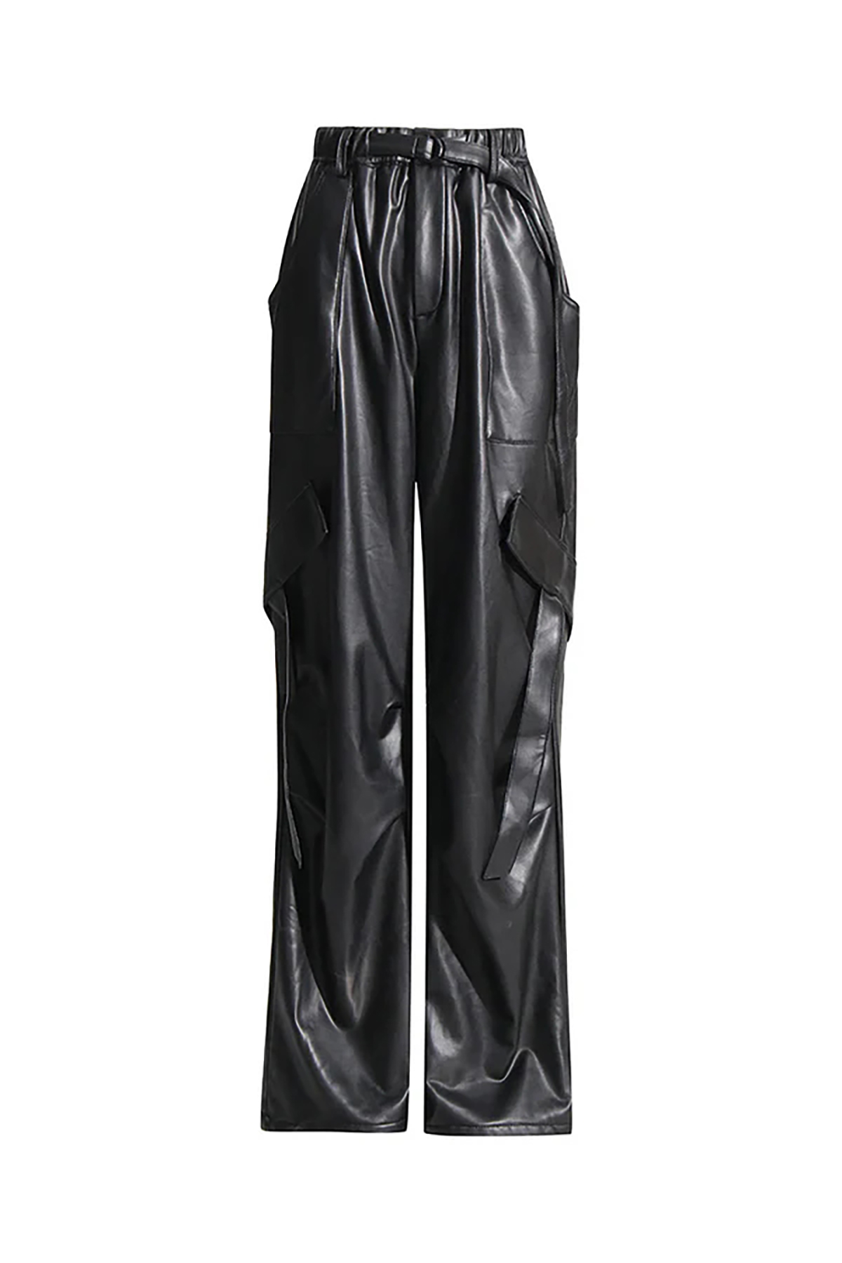 Sleek Draped Belted Low Rise Wide Leg Ruched Vegan Leather Cargo Pants