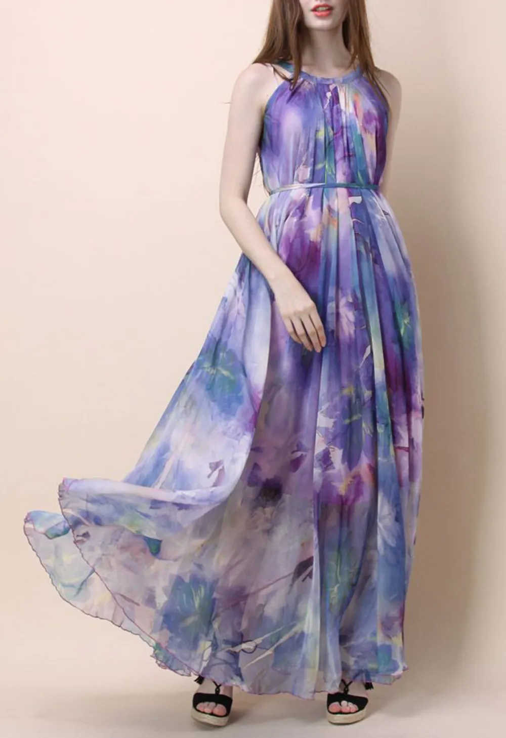 FLORAL WATERCOLOR MAXI SLIP DRESS IN VIOLET