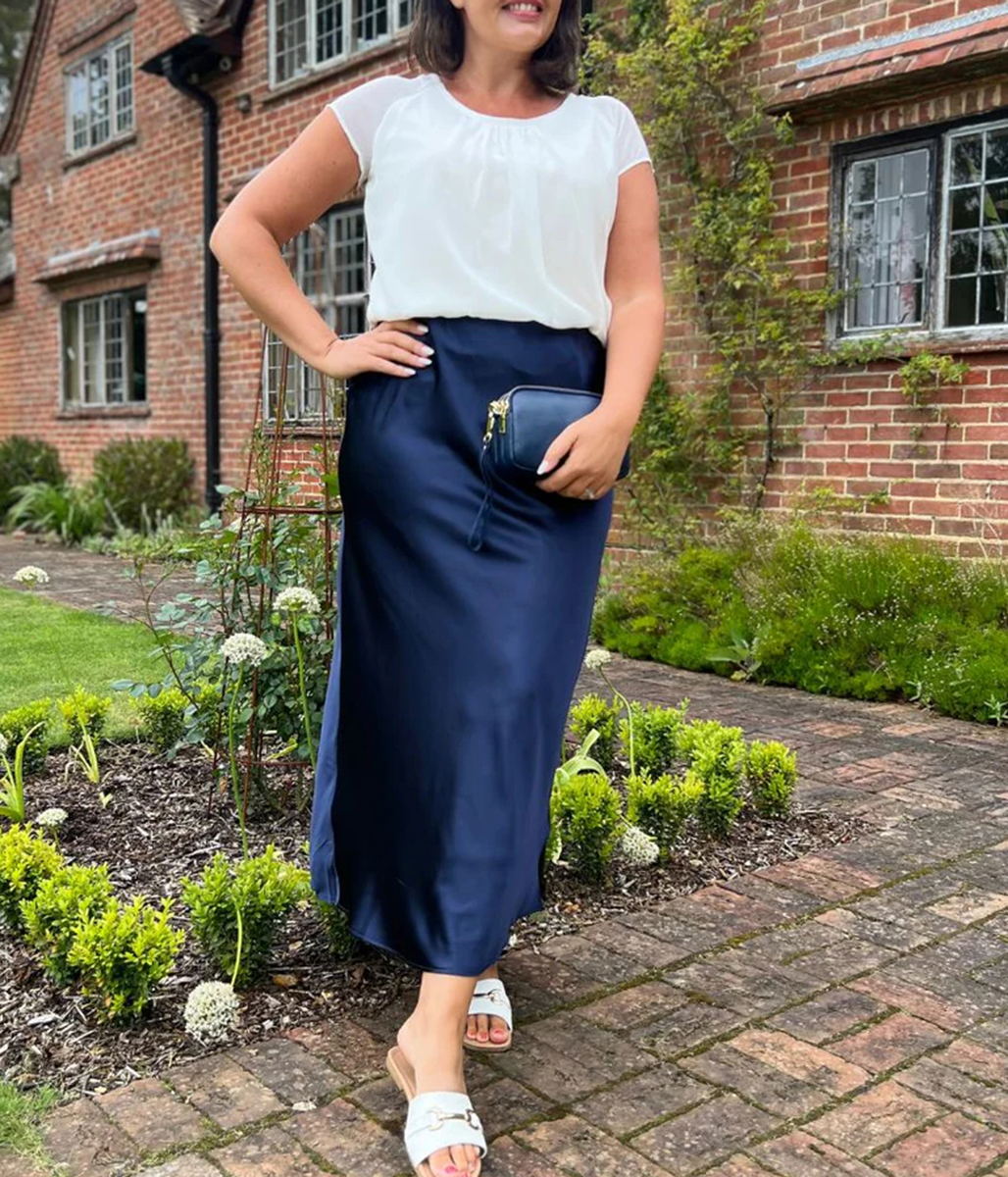 Navy Satin Maxi Skirt