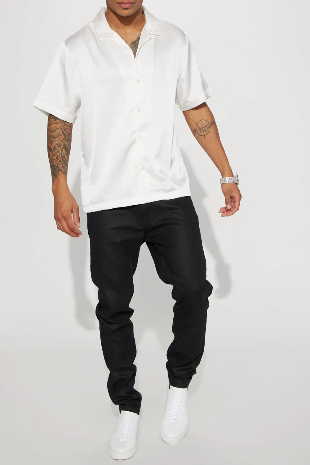 Links Satin Short Sleeve Button Up Shirt - Black