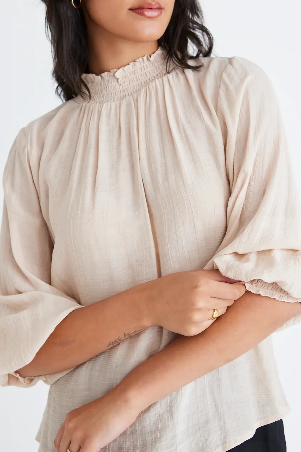 Embrace Champagne Textured High Neck Shirred Top