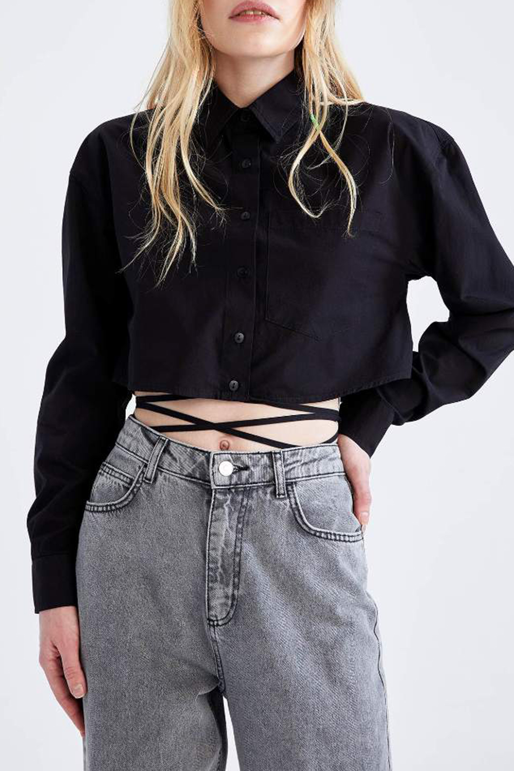 Coool Oversize Fit Tie Waist Detailed Crop Shirt