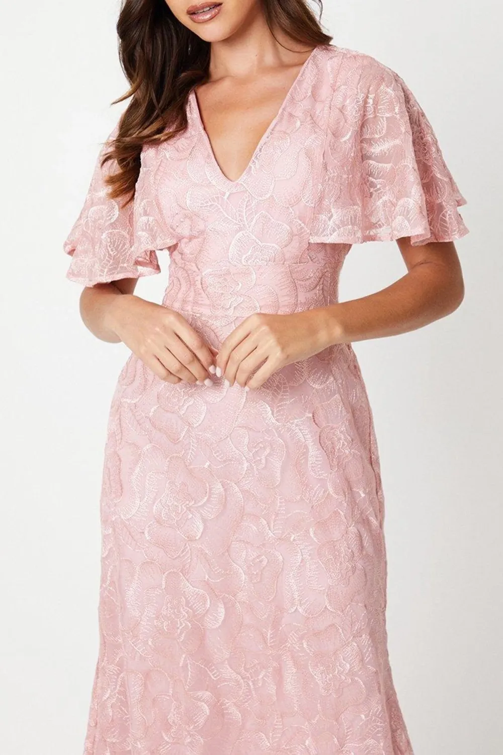 Piped Cape Detail Embroidered Mesh Midi Dress