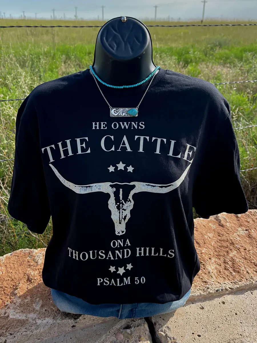 Retro Western style Cow Head Pattern T-shirt