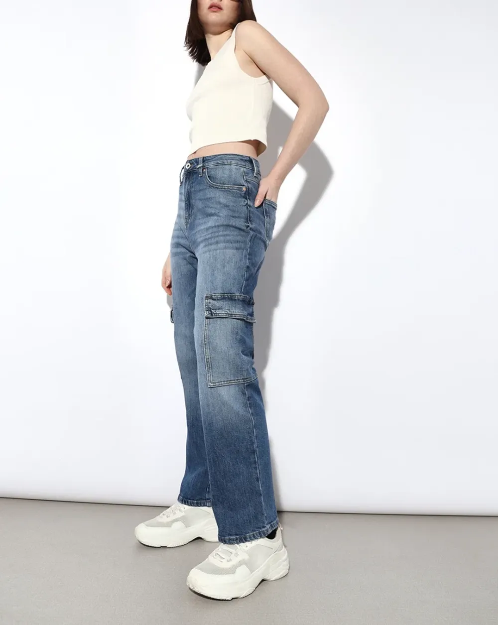 Blue High Rise Cargo Jeans