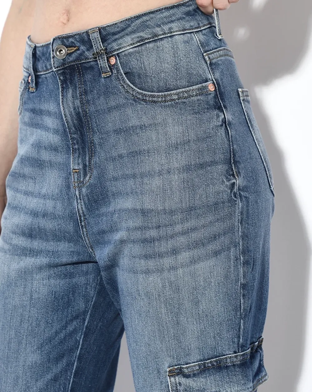 Blue High Rise Cargo Jeans