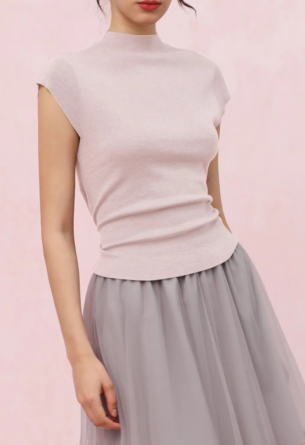 BACK DRAWSTRING WAIST MOCK NECK KNIT TOP IN PINK