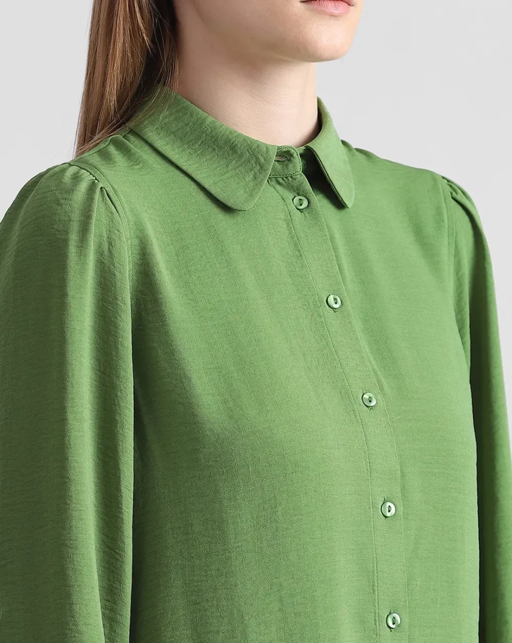 Green Puff Sleeves Textured Shirt