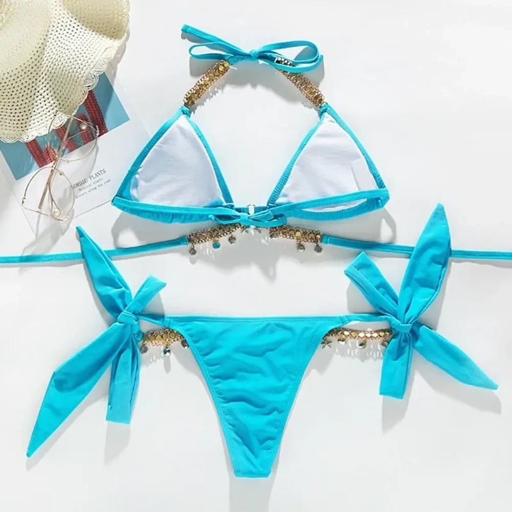 Crystal Rhinestone Detail Triangle Tie Side Halter Bikini