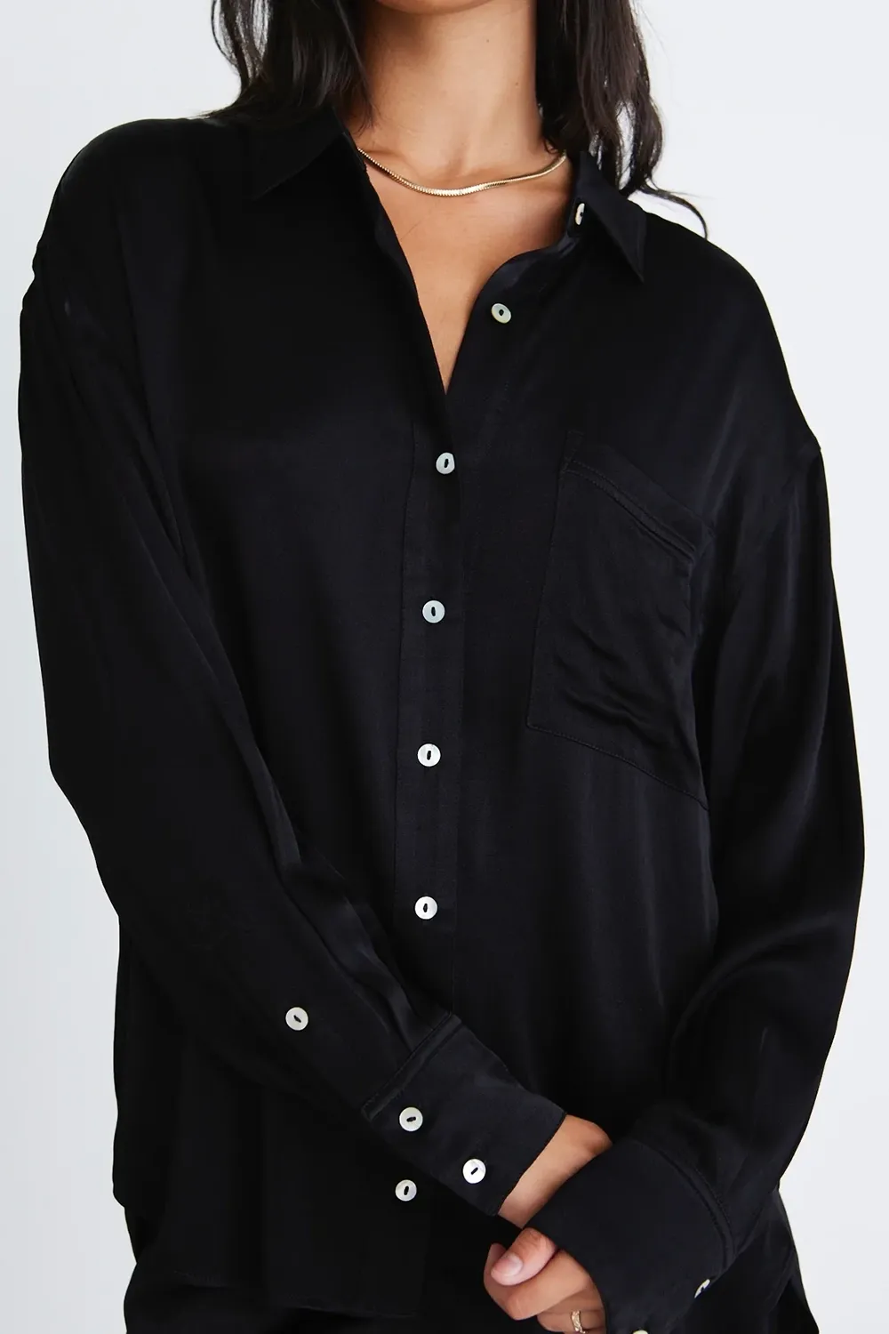 Elation Black Viscose Satin Oversized Shirt