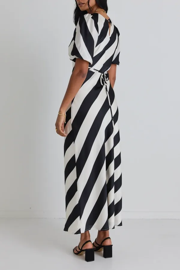 Amora Black White Stripe SS Bias Midi Dress