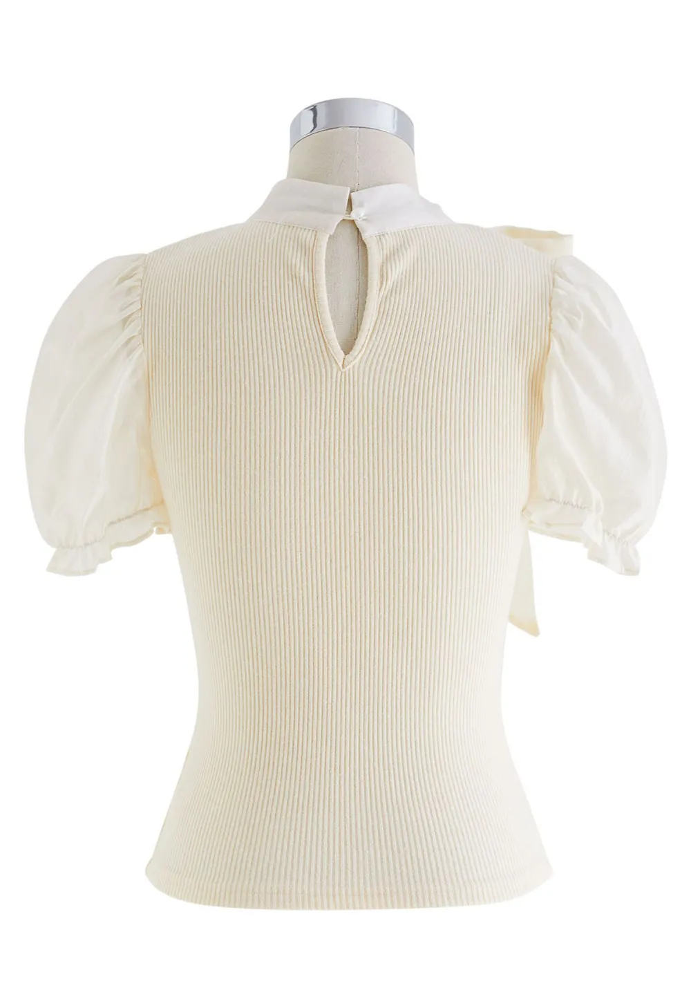 SHORT SLEEVE DETACHABLE BOWKNOT SPLICED KNIT TOP IN CREAM