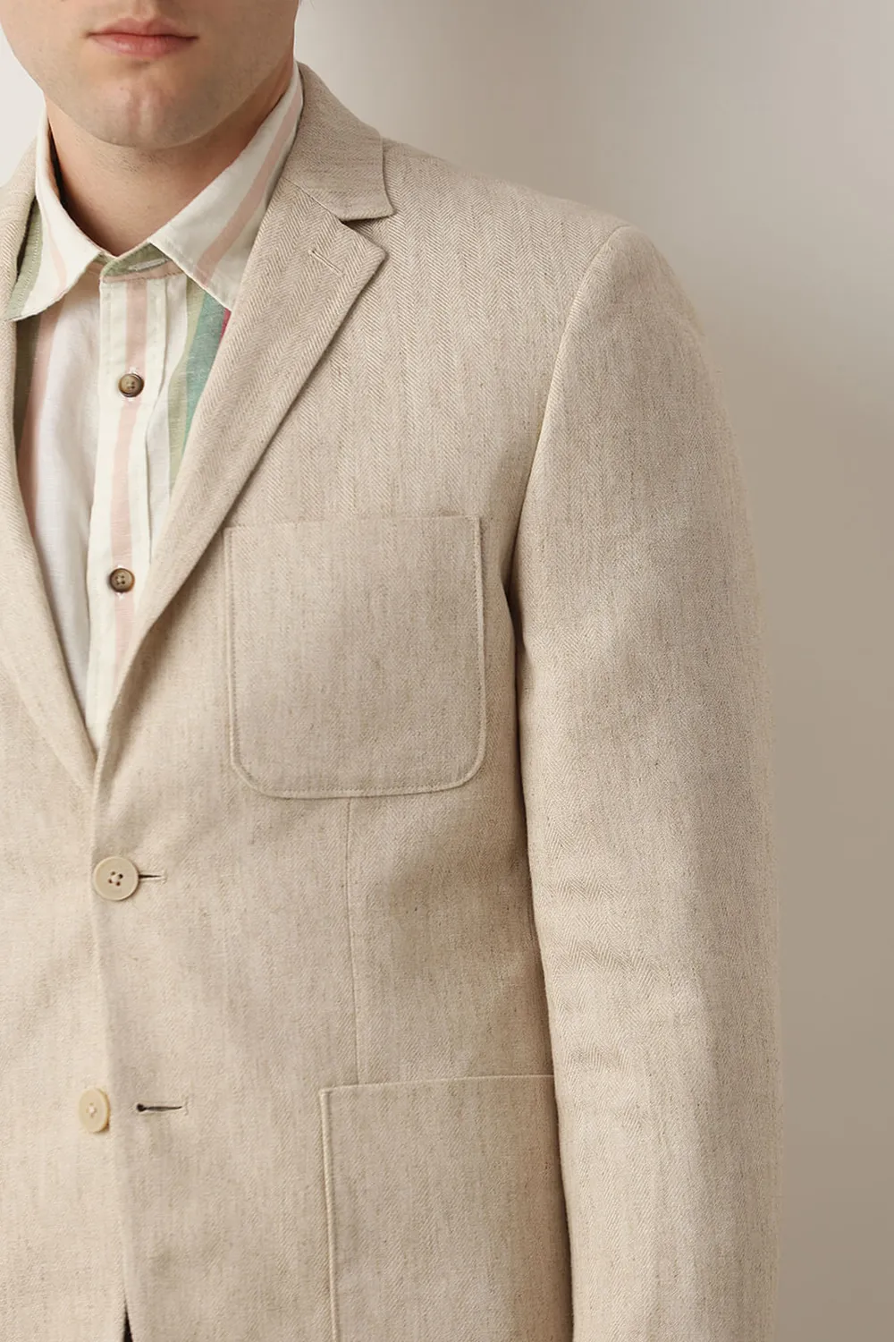 Beige Textured Linen Casual Blazer