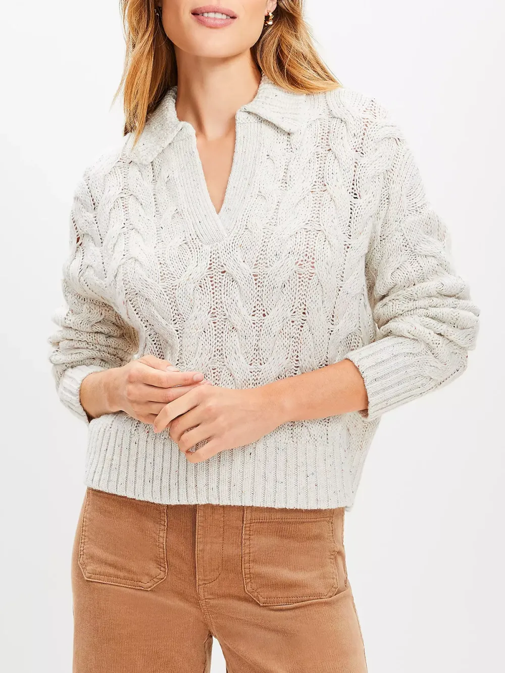 Flecked Collared Split Neck Cable Sweater