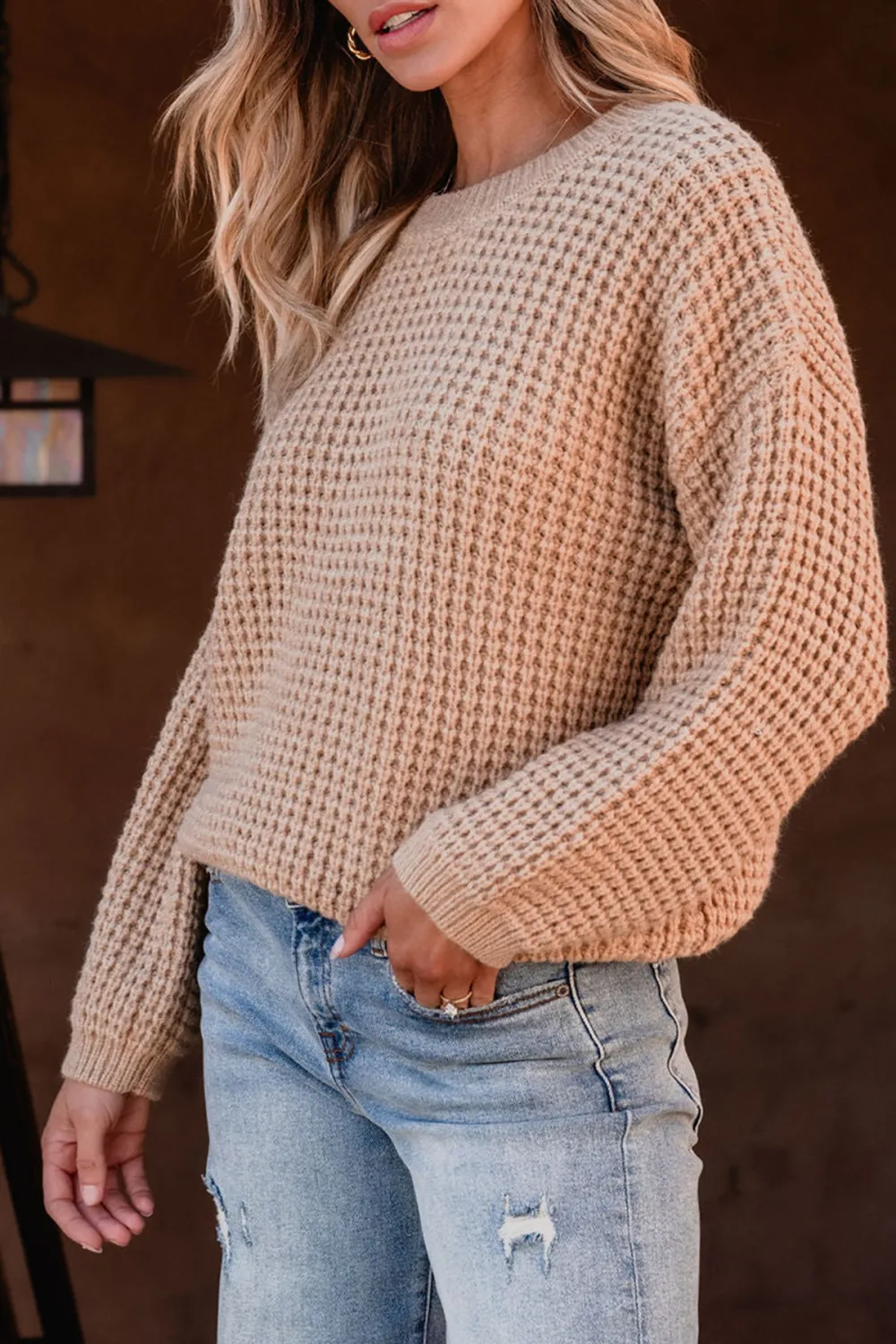 Camel Ribbed Waffle Knit Sweater