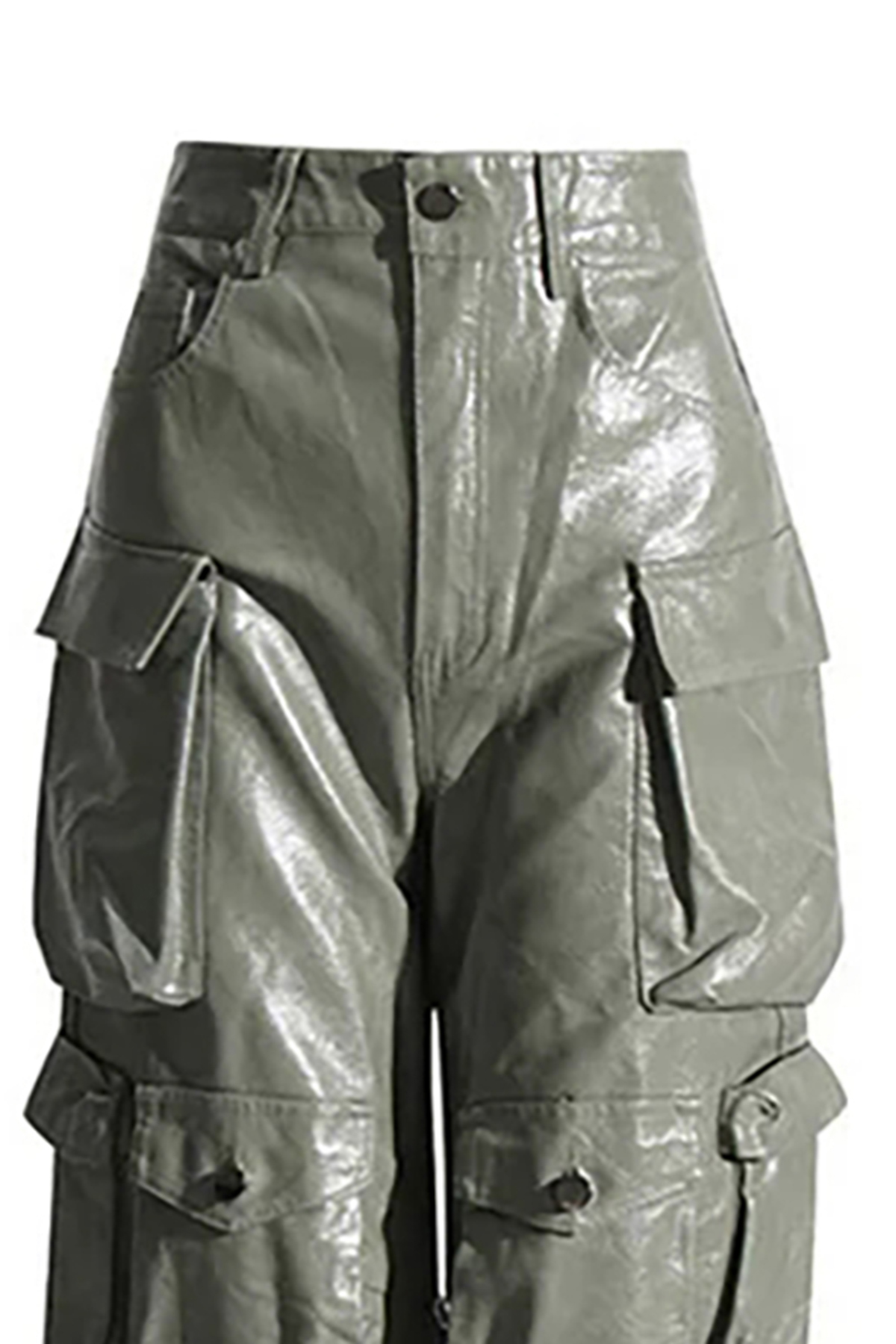 Glossy Mid Rise Wide Leg Cargo Pocket Full Length Draped Leather Pants