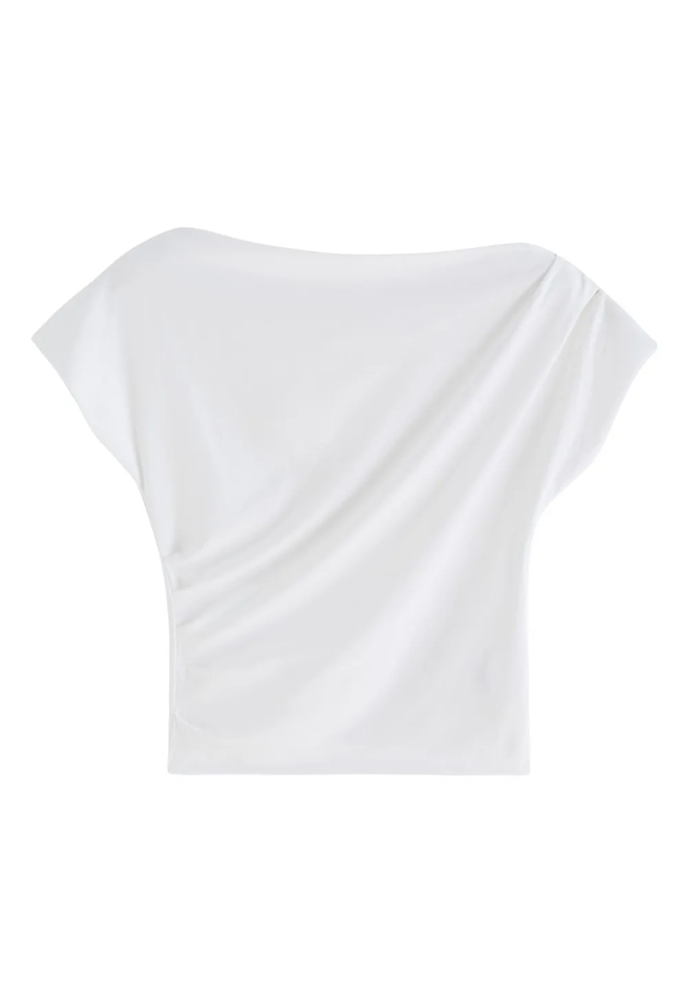 ASYMMETRIC BOAT NECK RUCHED TOP IN WHITE