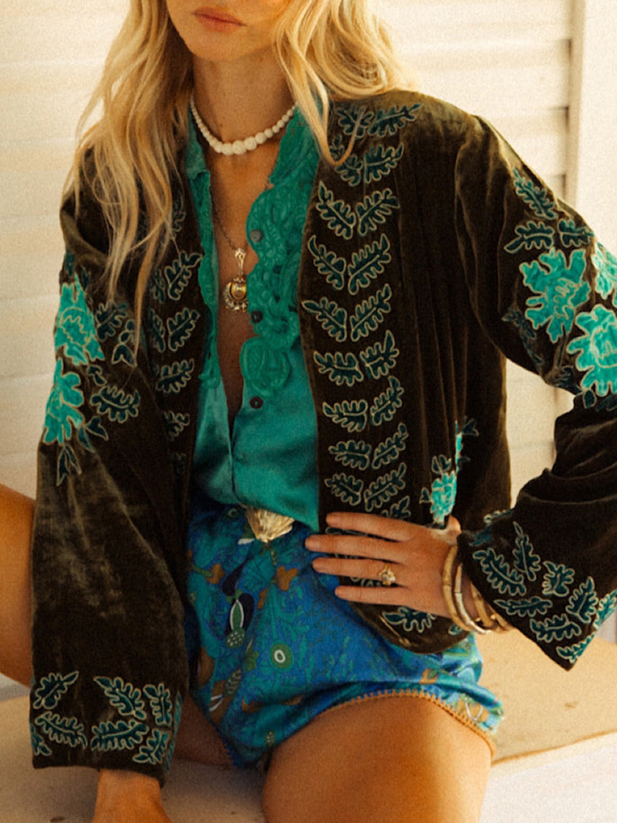 Vintage leaf embroidered velvet short cardigan