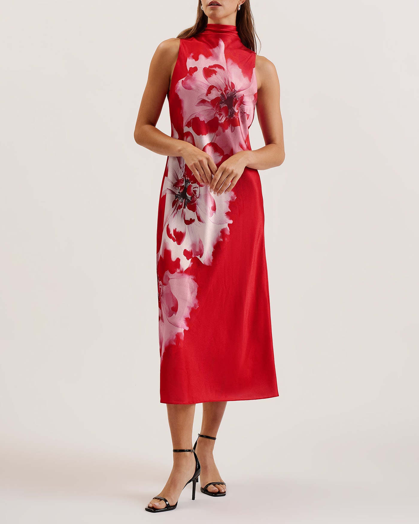 Aliara Printed Cowl Neck Midi Slip Dress Red