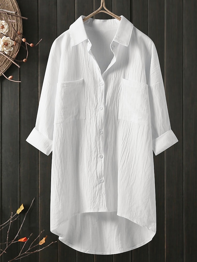 Women's Shirt Blouse Cotton Black White Blue Solid Color Button Pocket 3/4 Length Sleeve Work Daily Streetwear Daily Basic Shirt Collar Regular Fit Spring Fall Fall & Winter