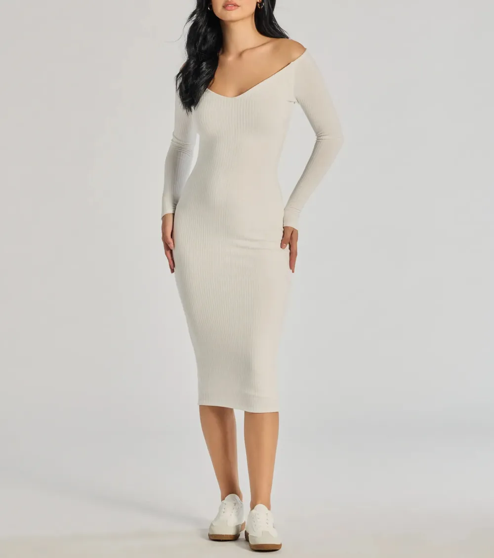 Sleek Vibes Off The Shoulder Knit Midi Dress