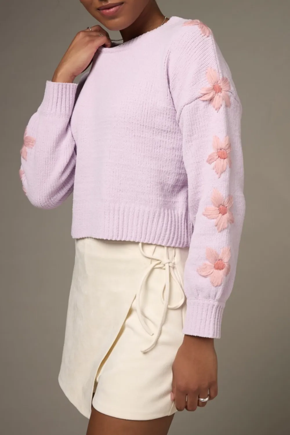 Angelica Flower Embroidered Sleeve Sweater