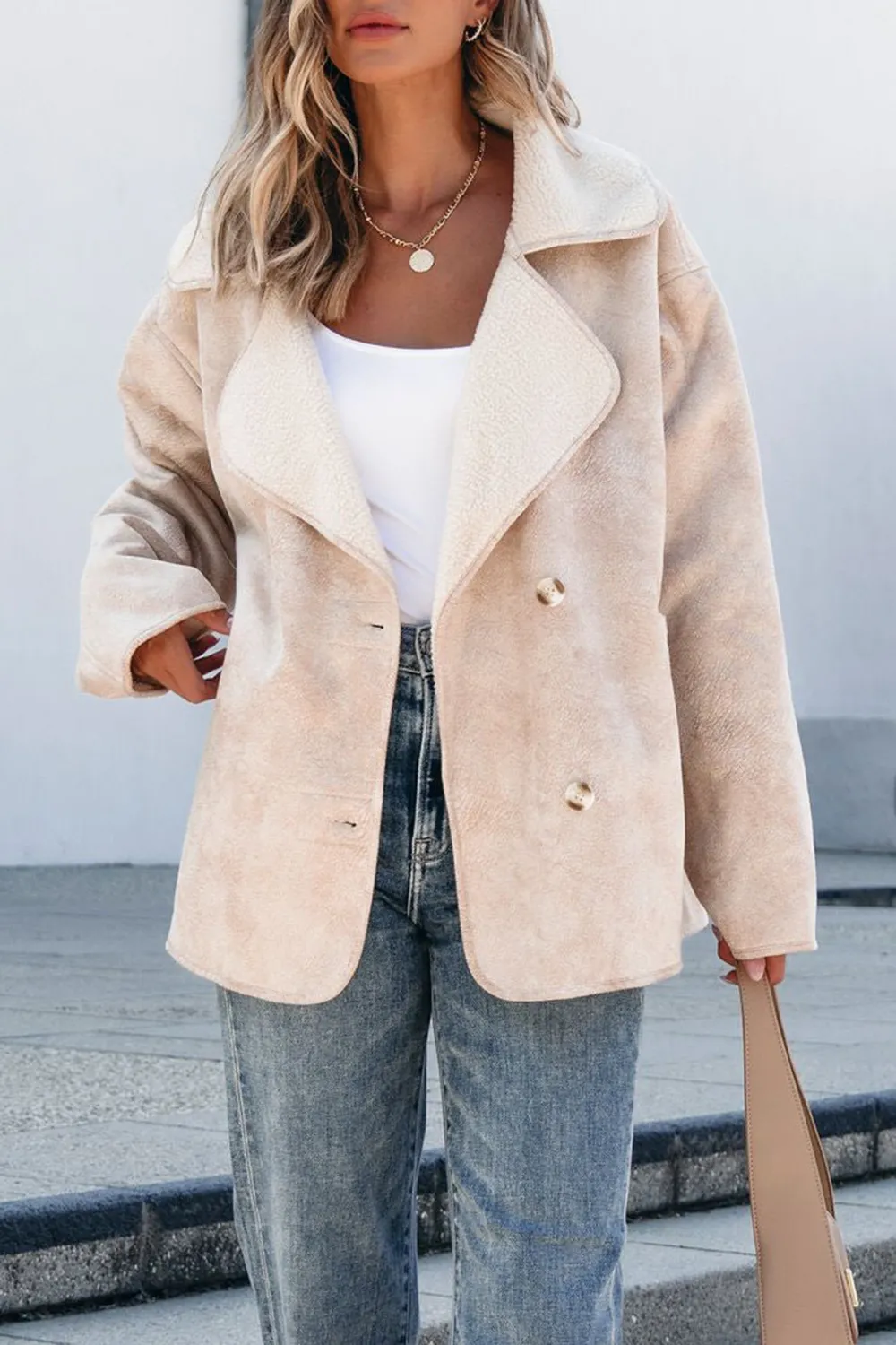 Faux Suede Sherpa Jacket - Beige