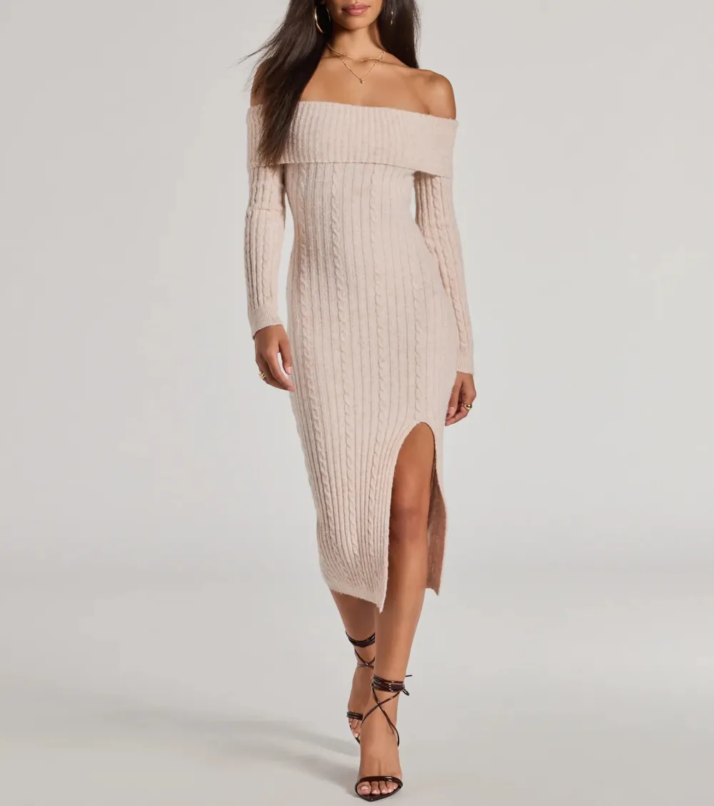 Cozy Luxe Cable Knit Off-The-Shoulder Midi Dress