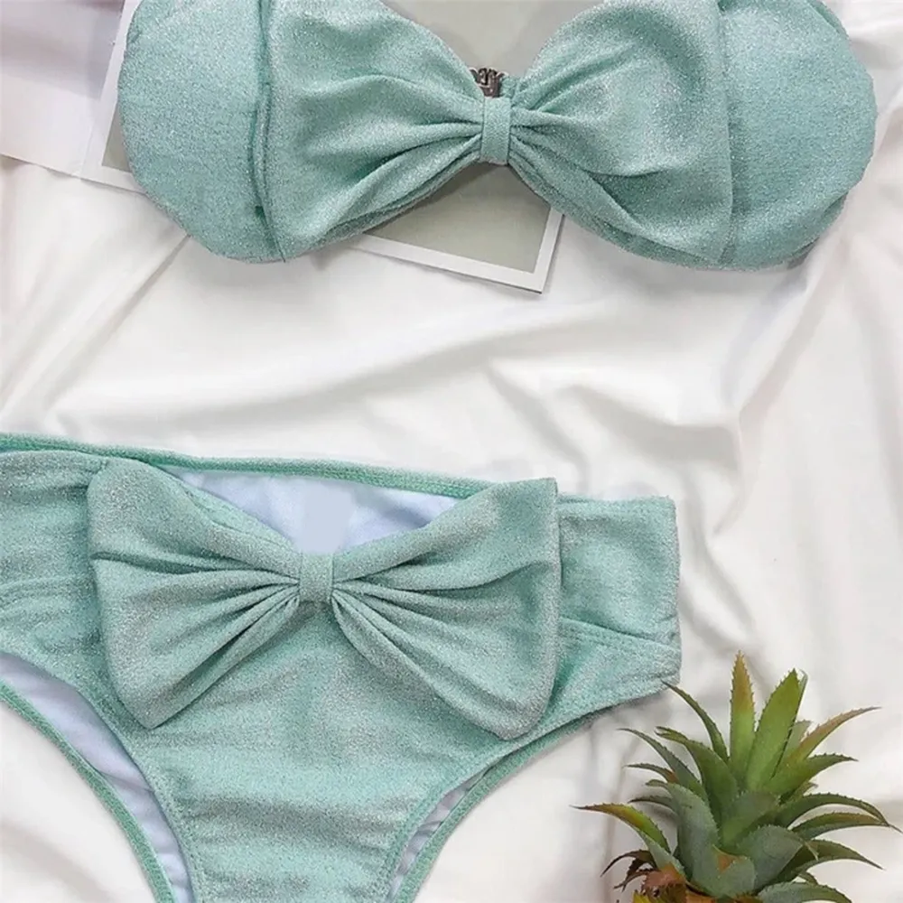 Luna Glitter Bowknot Decor Strapless Bikini Set