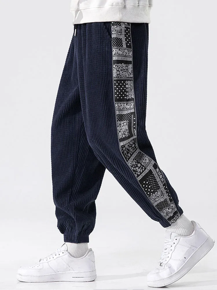 Corduroy Paisley Print Panel Pants