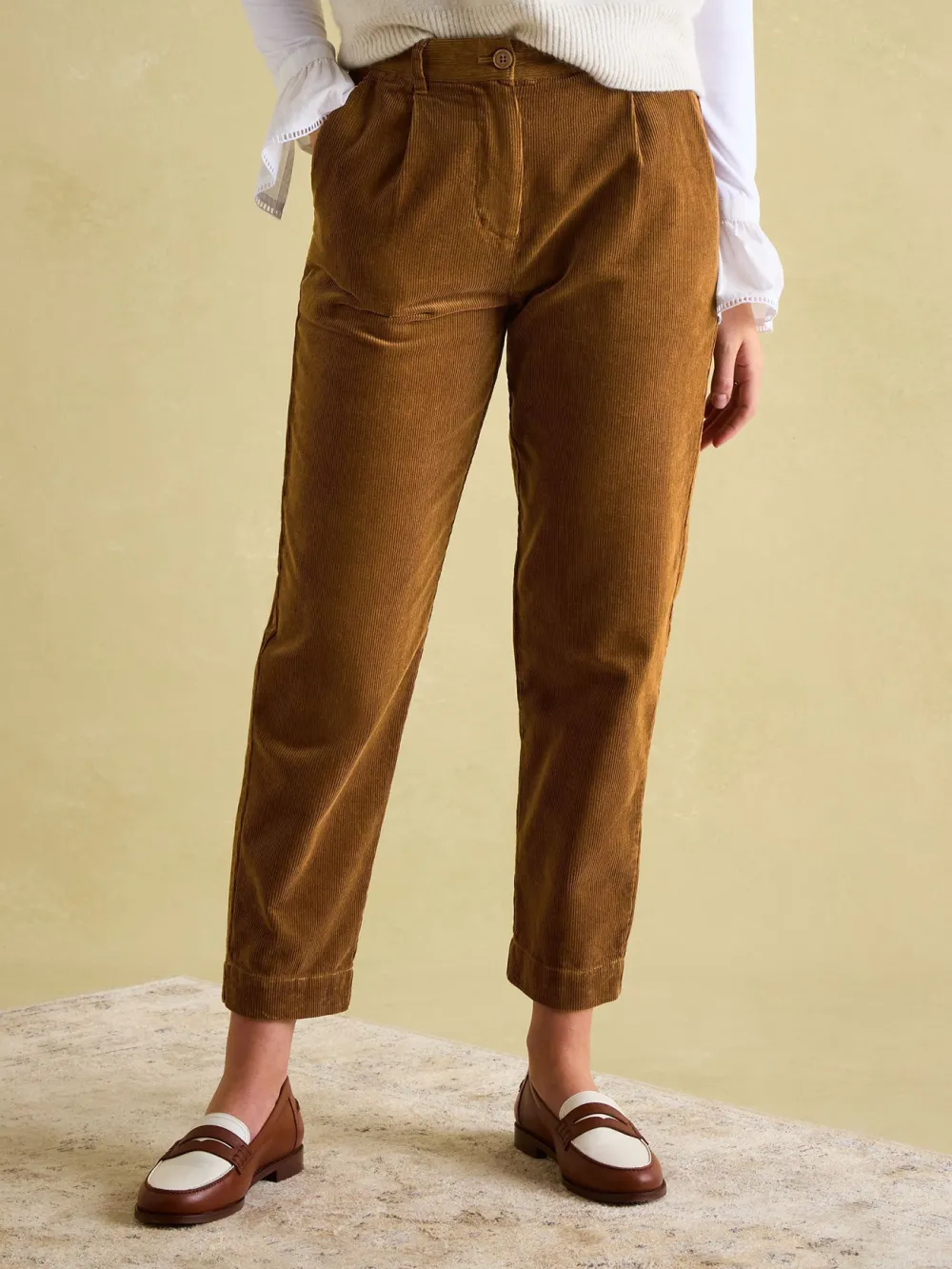 Casual Style Calla Tan Brown Corduroy Tapered Trousers