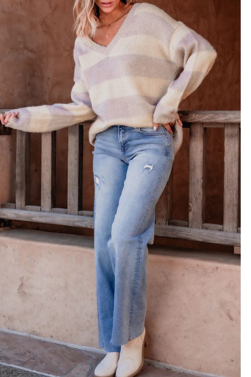 Lavender Striped V Neck Sweater