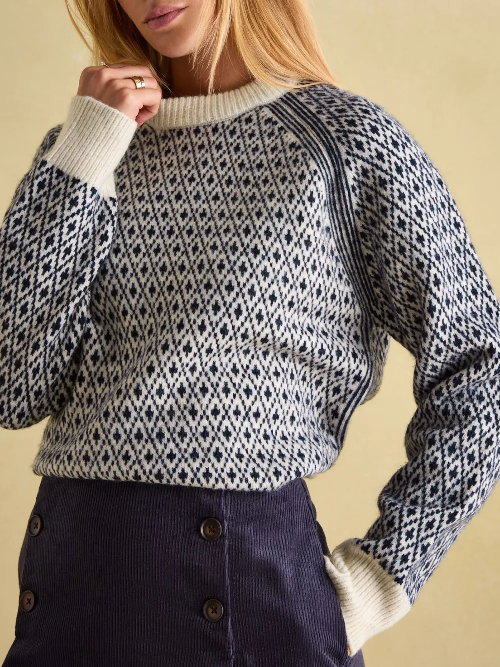 Ingrid Cream/Navy Patterned Jumper with Detachable Roll Neck