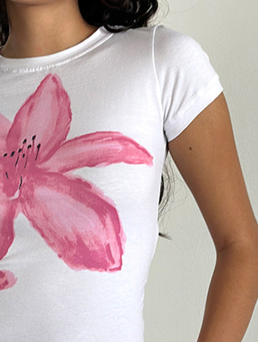 White With Painted Flower Pink Sutin Tee