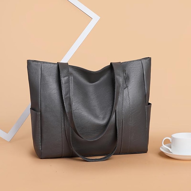 Women's Handbag Tote Shoulder Bag PU Leather Office Shopping Daily Zipper Solid Color Black Red Purple