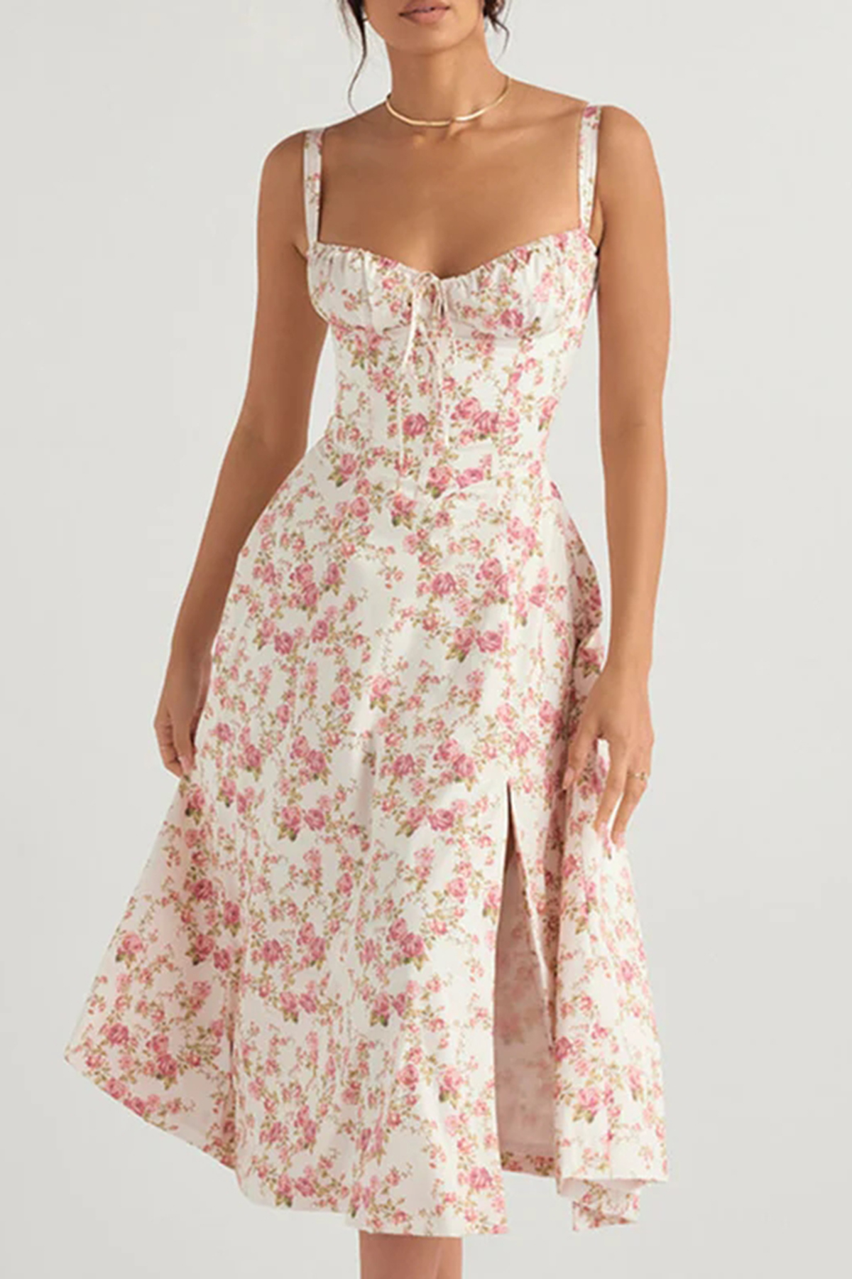 Fresh Bustier Tie Front Slit Floral Printed Midi Sundress - Pink