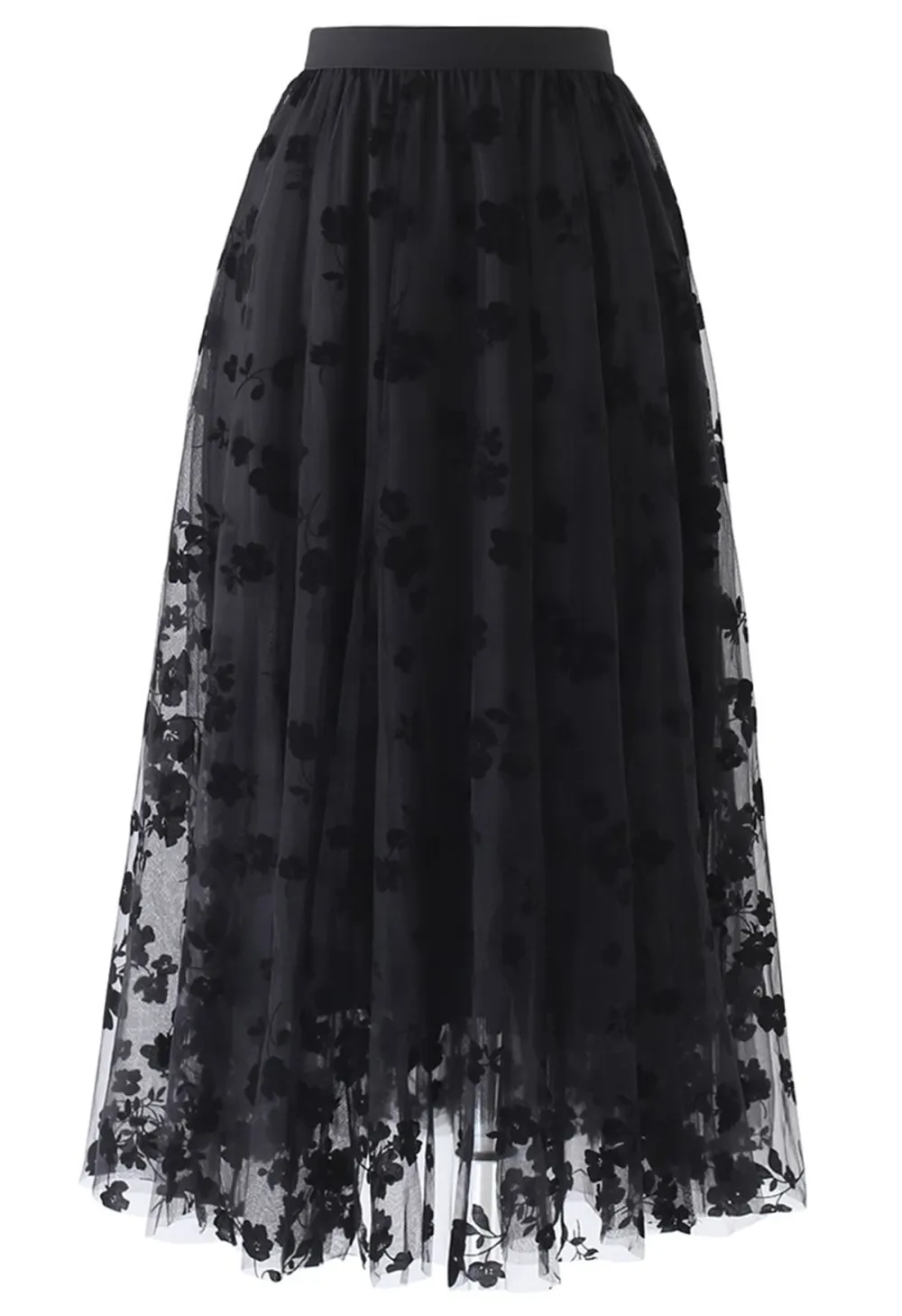 3D POSY DOUBLE-LAYERED MESH MIDI SKIRT IN BLACK