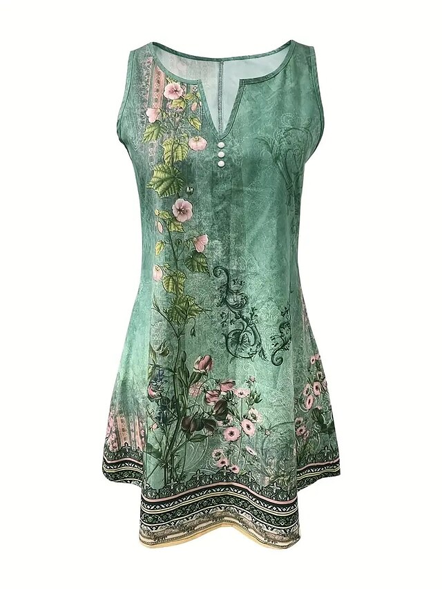 Women's Casual Dress Shift Dress Tank Dress Floral Button Print V Neck Mini Dress Active Fashion Outdoor Street Sleeveless Loose Fit Dark Gray Summer Spring XXL