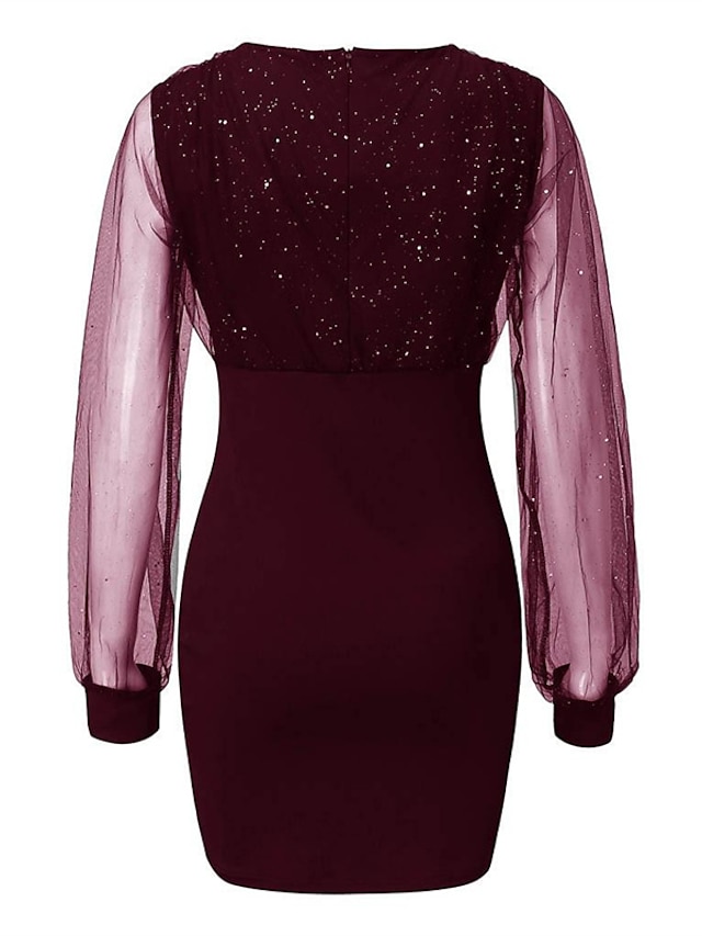 Women‘s Little Black Dress Sexy Dress Party Dress Homecoming Dress Sheath Dress Mini Dress Wine Purple Long Sleeve Mesh Dress Spring Fall Winter V Neck Fashion Party Wedding Guest