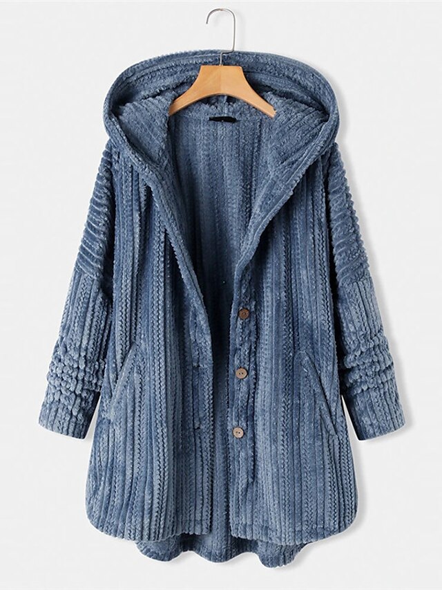 Women's Plus Size Teddy Coat Winter Coat Button Pocket Plain Outdoor Causal Long Sleeve Hoodie Regular Winter Fall Black Blue Khaki XL XXL 3XL 4XL 5XL