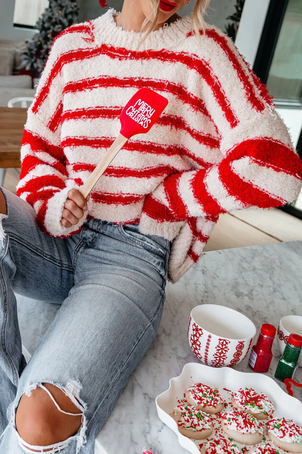 Fuzzy Red Striped Pullover Sweater