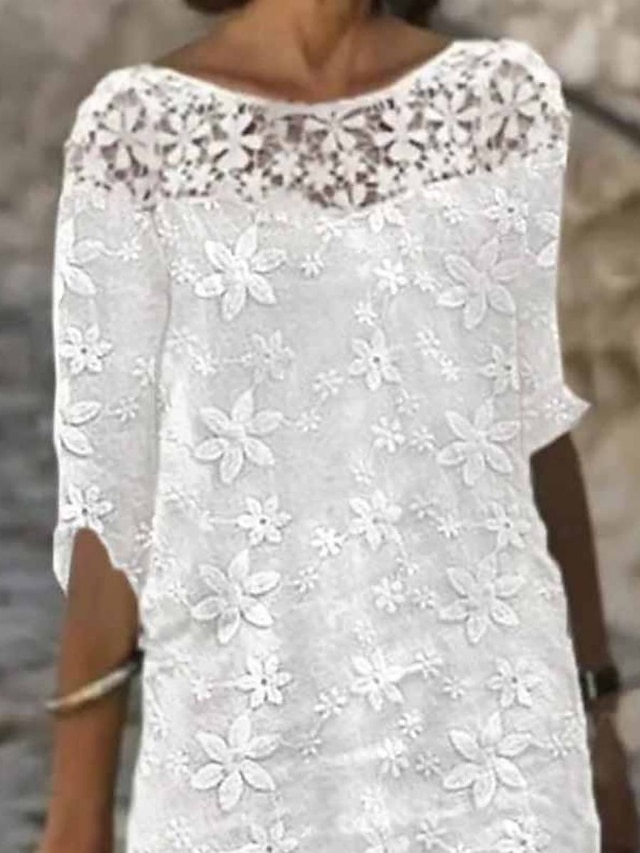 Women's Casual Dress Cotton Linen Dress Midi Dress Polyester Modern Casual Daily Vacation Crew Neck Lace Print Half Sleeve Summer Spring Fall 2023 Regular Fit White Floral S M L XL 2XL