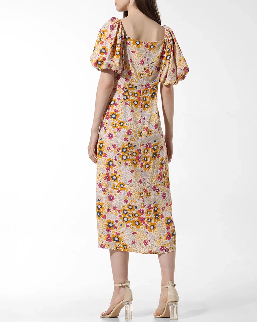 Yellow Floral Print Midi Dress