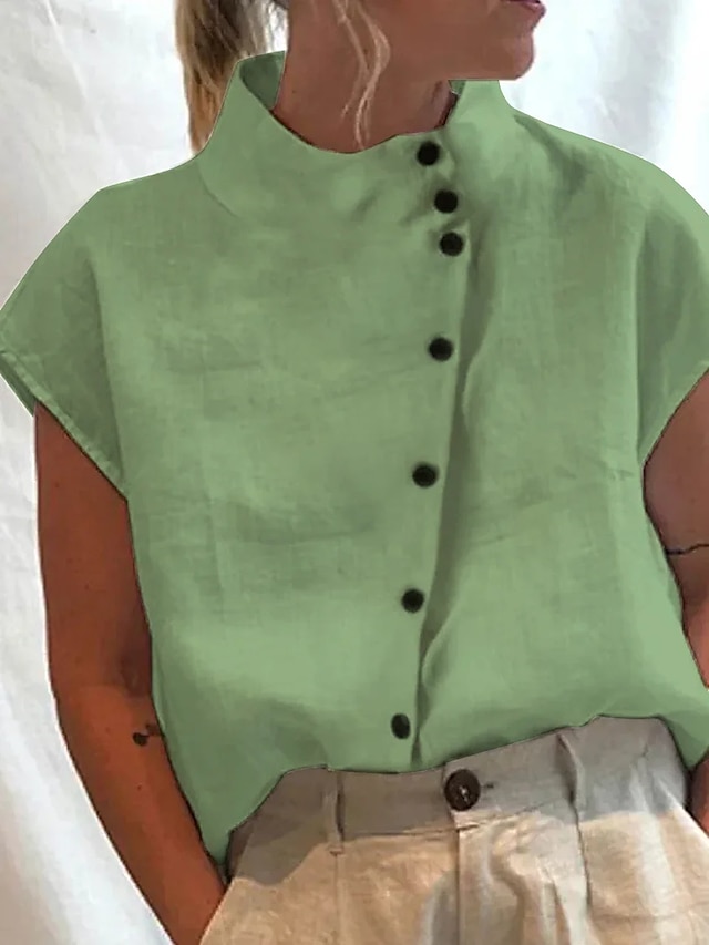 Women's Shirt Blouse Turtleneck shirt Plain Light Blue Black White Button Short Sleeve Casual Fashion Basic Elegant Standing Collar Regular Fit
